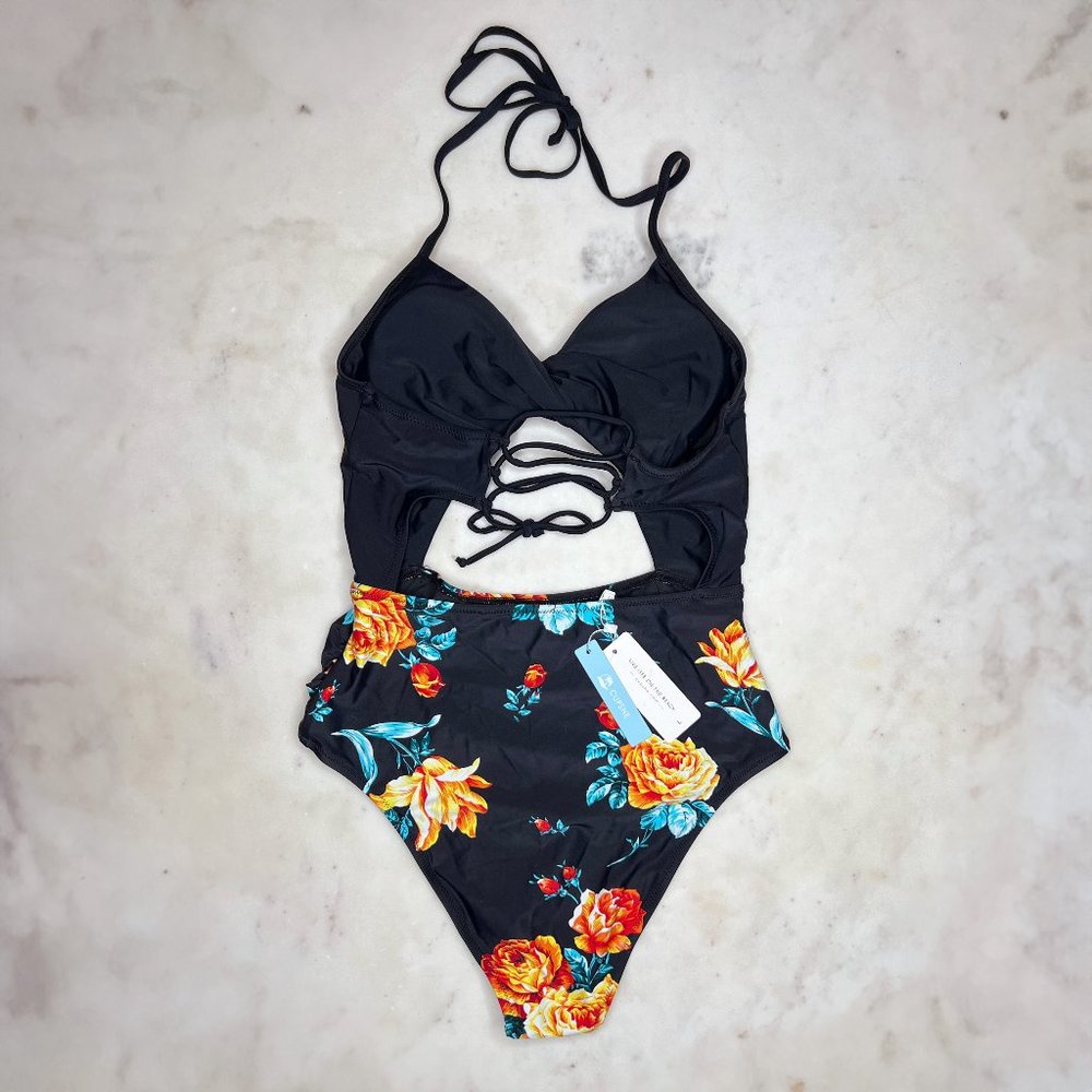 NWT Cupshe Black Floral Print Halter One Piece Swimsuit, Size Large